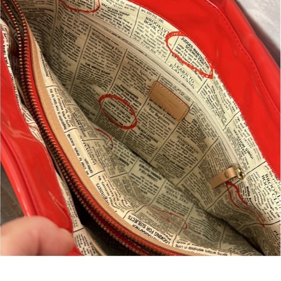 Fire engine red patent leather Kate Spade bag with “classified ads” interior - Picture 7 of 9